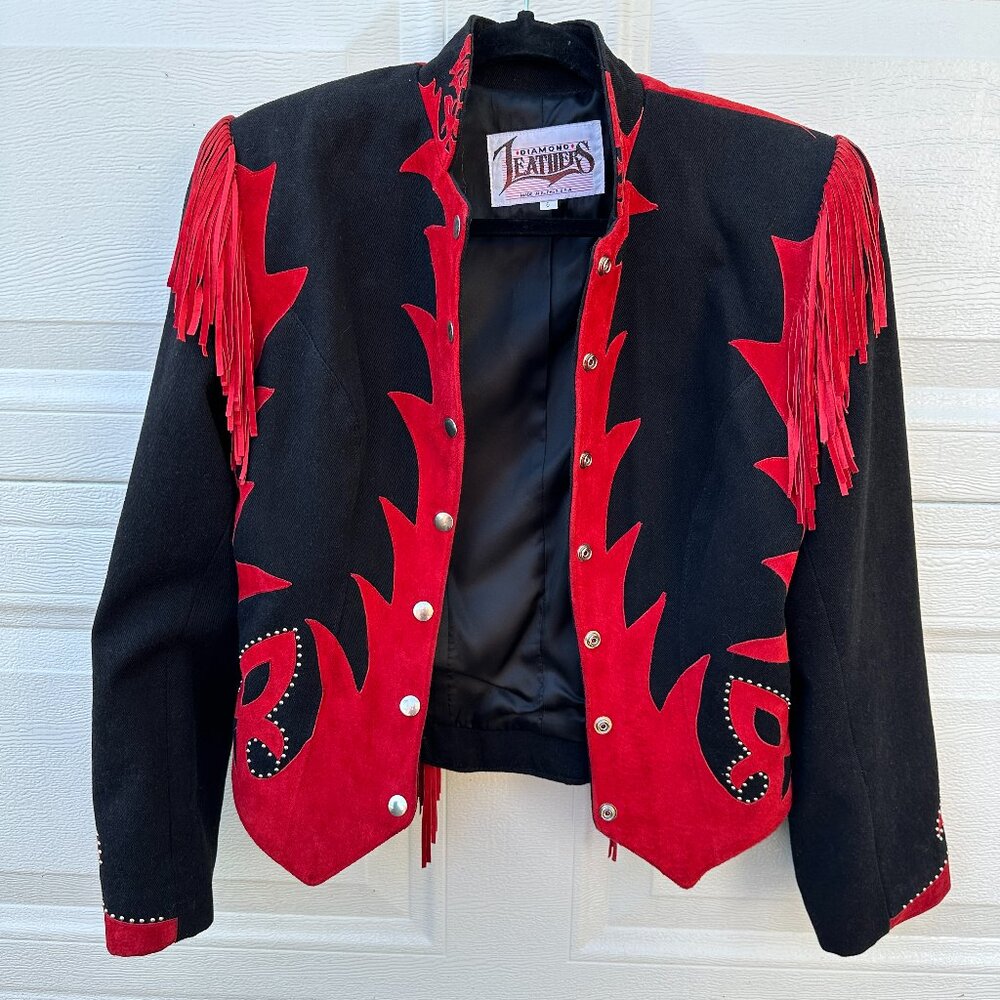Vtg Western Suede Jacket Coat Tassels Fringe Red Black Corduroy Diamonds Leather - Picture 7 of 15